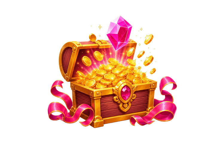 Cointiply treasure box overflowing with gold coins and a pink gem